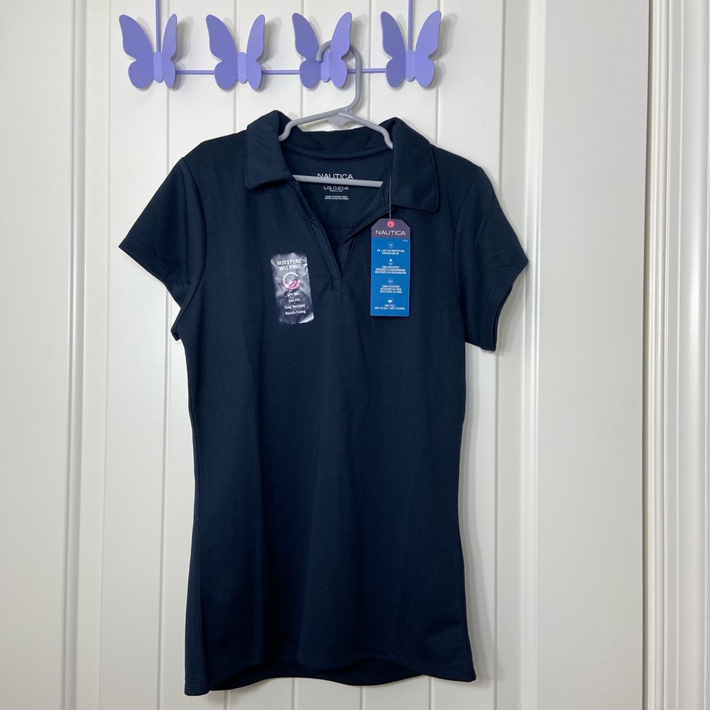 NEW Nautica girl’s navy short sleeve collared v-neck school uniform shirt top L